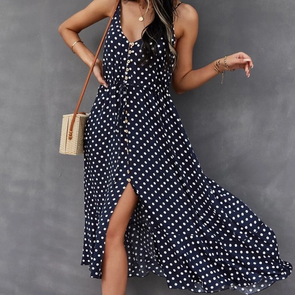 Button up v neck tie polka dot midi dress - Picture 10 of 16